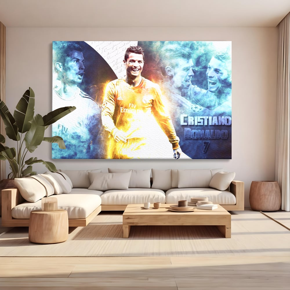 Tablou canvas cu tablou canvas cu cristiano ronaldo, fara rama, pe sasiu de lemn, pe perete intr-un living